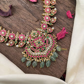 Vriksham Unique Dual Peacock Pendant Kundan Jadau Floral Maanga Short Neckpiece-Pastel Green Bead-J2989